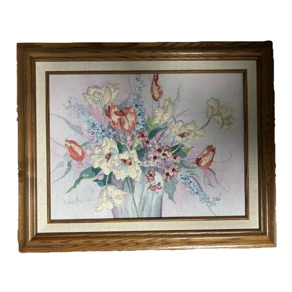 Barbara Mock Signed 1987 Crewel Needlepoint Framed Art Bouquet Flowers 12 X 16 - Picture 1 of 6